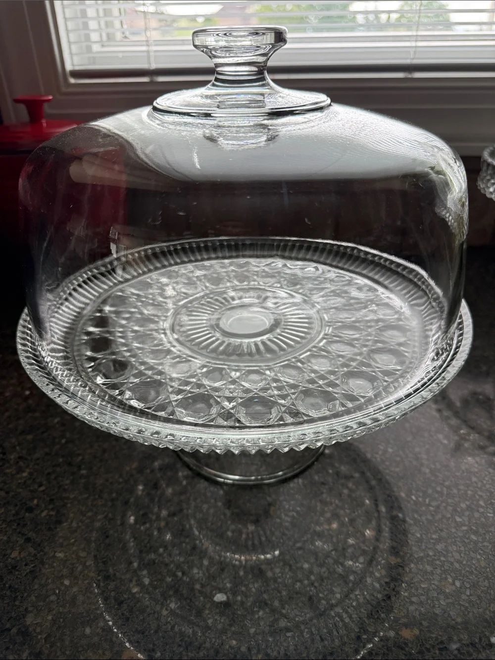 Vintage Federal Glass WINDSOR Button Cane Cake Stand Dome Pedestal Server Punch